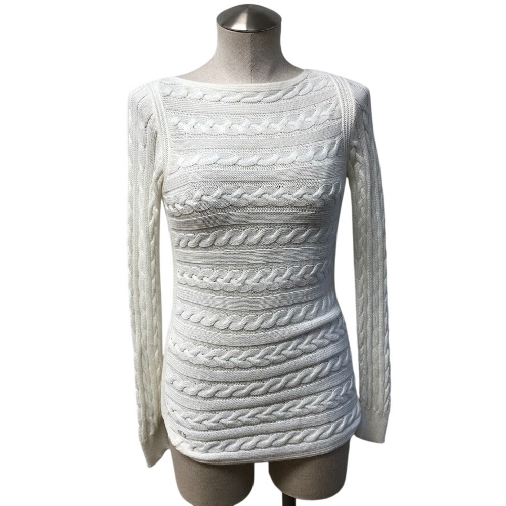 Lauren Ralph Lauren Sweater Womens XS White Cable Knit Boat Neck Long Sleeve